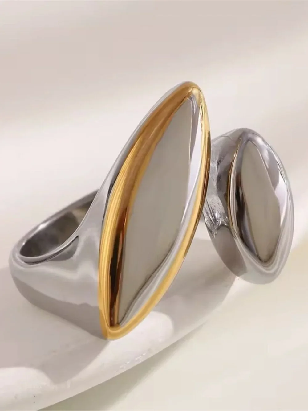 Two-Marquise Open Ring in Silver with Gold Trim